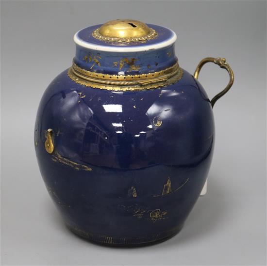 A Chinese Kangxi period gilt-decorated powder blue vase and cover with gilt metal mounts and lock height 27cm